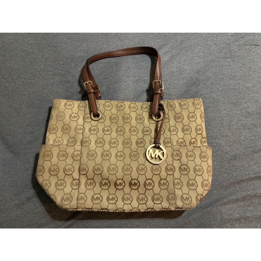 Michael Kors Signature Monogram Tote Bag Brown Jacquard Leather Trim Gold HW